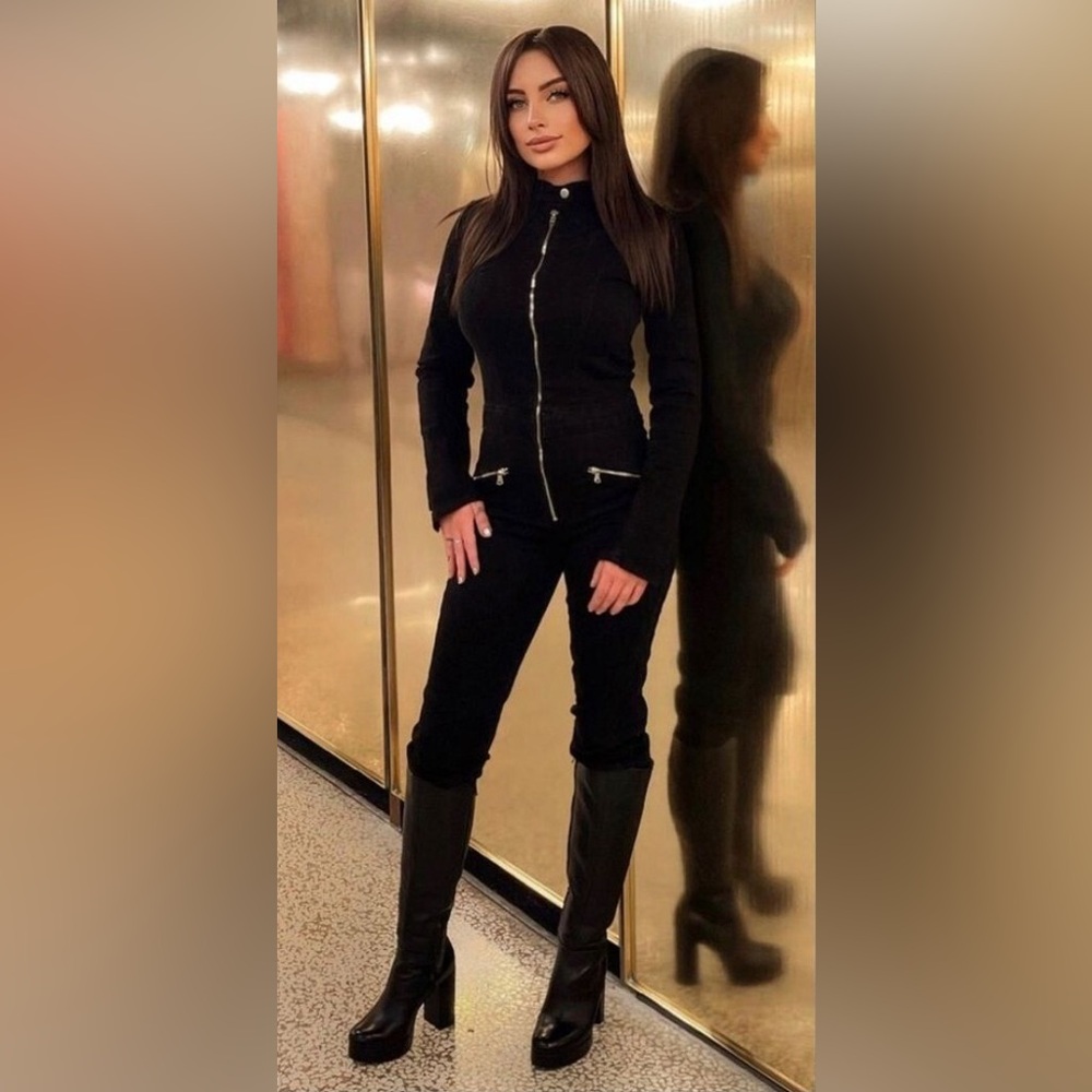 Zara Long Sleeve Black Zip Up Denim Jumpsuit